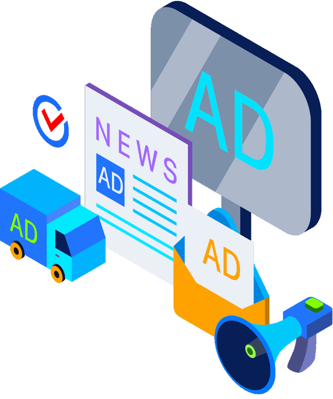 Gráficos de publicidad con volante, megáfono, vehículo y pantalla digital representando difusión de anuncios.