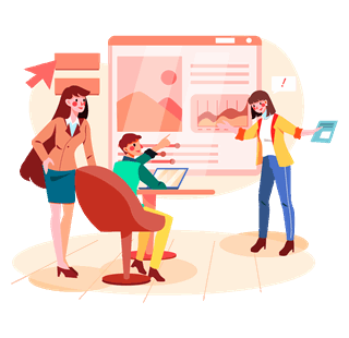 Presentación estratégica de sitio web con gráficos y equipo de marketing analizando resultados digitales.