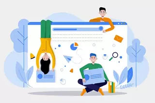 Ilustración creativa con jóvenes diseñadores interactuando de forma simbólica con una interfaz web.