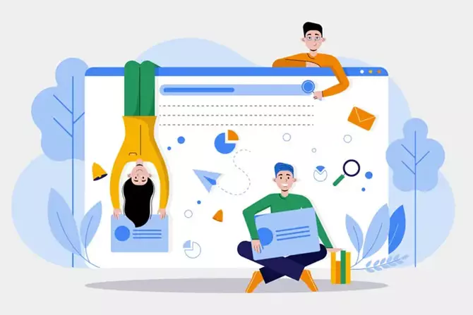 Ilustración creativa con jóvenes diseñadores interactuando de forma simbólica con una interfaz web.