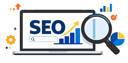Ilustracion de computadora portatil con buscador SEO, lupa y grafica de crecimiento que representa servicios profesionales de agencia de SEO en Queretaro.