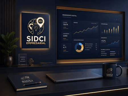 agencia_seo_queretaro_rendimiento_digital_sidci_empresarial_450x338 Oficina corporativa de Sidci Empresarial con panel de rendimiento digital, indicadores SEO, analitica web y crecimiento de trafico para estrategias de marketing digital en Queretaro.