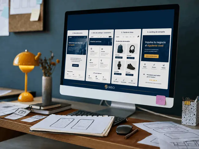 Diseño de páginas web en Querétaro desarrollado por Sidci Empresarial mostrando ejemplos de sitio informativo, catálogo corporativo, tienda en línea y landing page en un monitor de escritorio. Diseño de páginas web en Querétaro desarrollado por Sidci Empresarial mostrando ejemplos de sitio informativo, catálogo corporativo, tienda en línea y landing page en un monitor de escritorio.