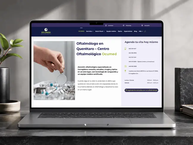 diseno_paginas_web_queretaro_portafolio_ocumed_laptop_sidci_empresarial_650x488 Sitio web responsivo desarrollado por Sidci Empresarial para Ocumed, mostrado en una computadora portátil como ejemplo de diseño de páginas web profesional en Querétaro.