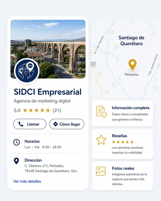 Perfil de Google Business de SIDCI Empresarial mostrando informacion completa del negocio, calificacion de cinco estrellas, mapa de ubicacion en Queretaro y elementos que fortalecen la confianza y la visibilidad local.