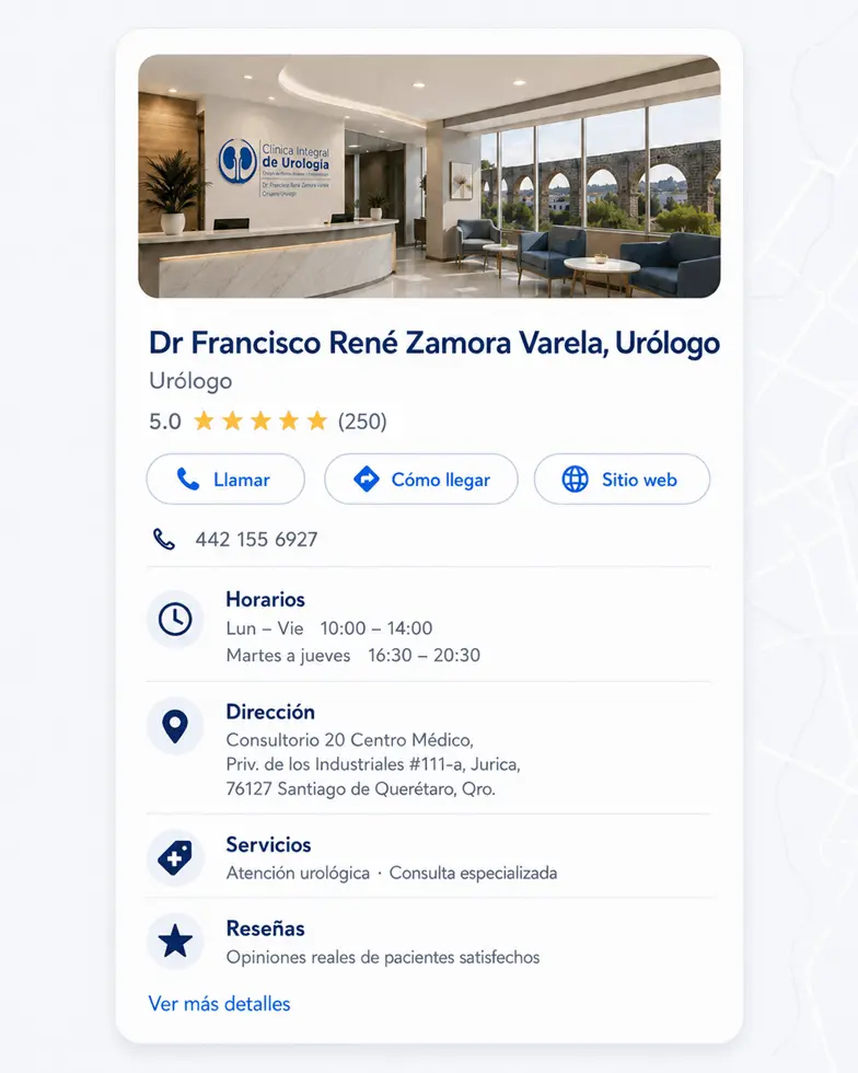 Perfil de Google Business del Dr. Francisco Rene Zamora Varela en Queretaro con fotografia del consultorio, calificacion de cinco estrellas, horario, direccion y servicios de urologia.