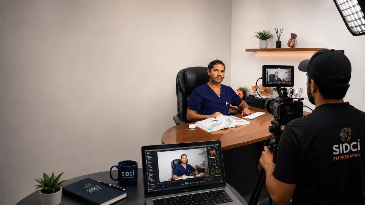 Grabación de video corporativo realizada por Sidci Empresarial para un especialista médico, mostrando la producción audiovisual profesional de contenido para páginas web, redes sociales y estrategias de marketing digital en Querétaro.
