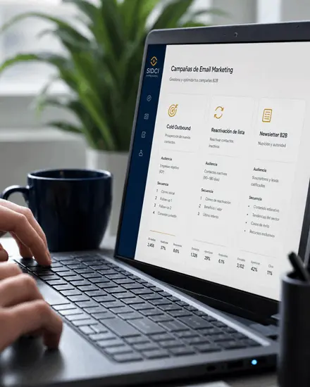 email_marketing_para_empresas_campanas_b2b_sidci_empresarial_queretaro_440x550 Pantalla de la plataforma de Email Marketing para Empresas de Sidci Empresarial mostrando campañas B2B, automatización de correos, reactivación de contactos y newsletters empresariales desde una computadora portátil.